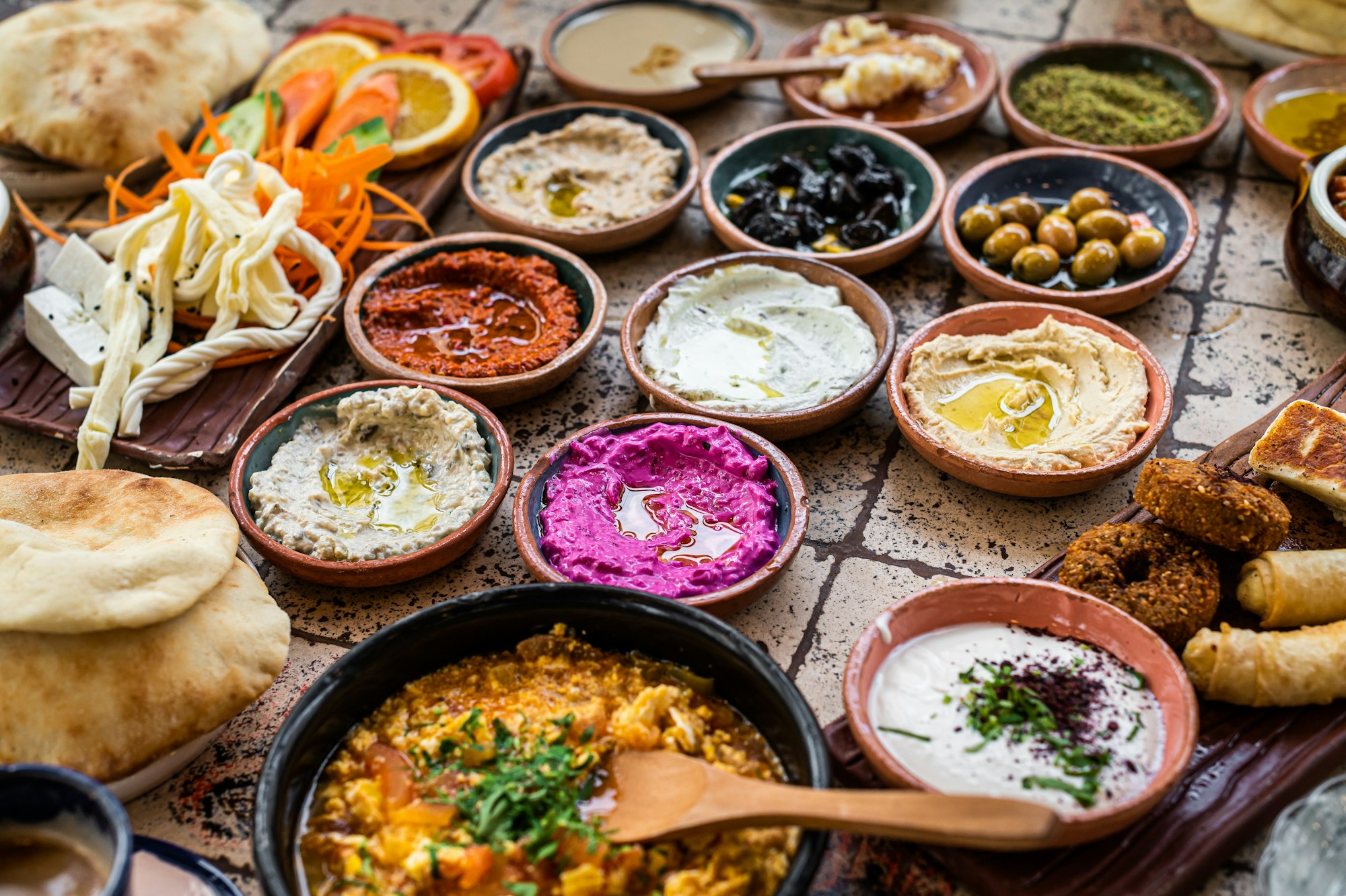 Turkish Village breakfast table served in a restaurant. Top view